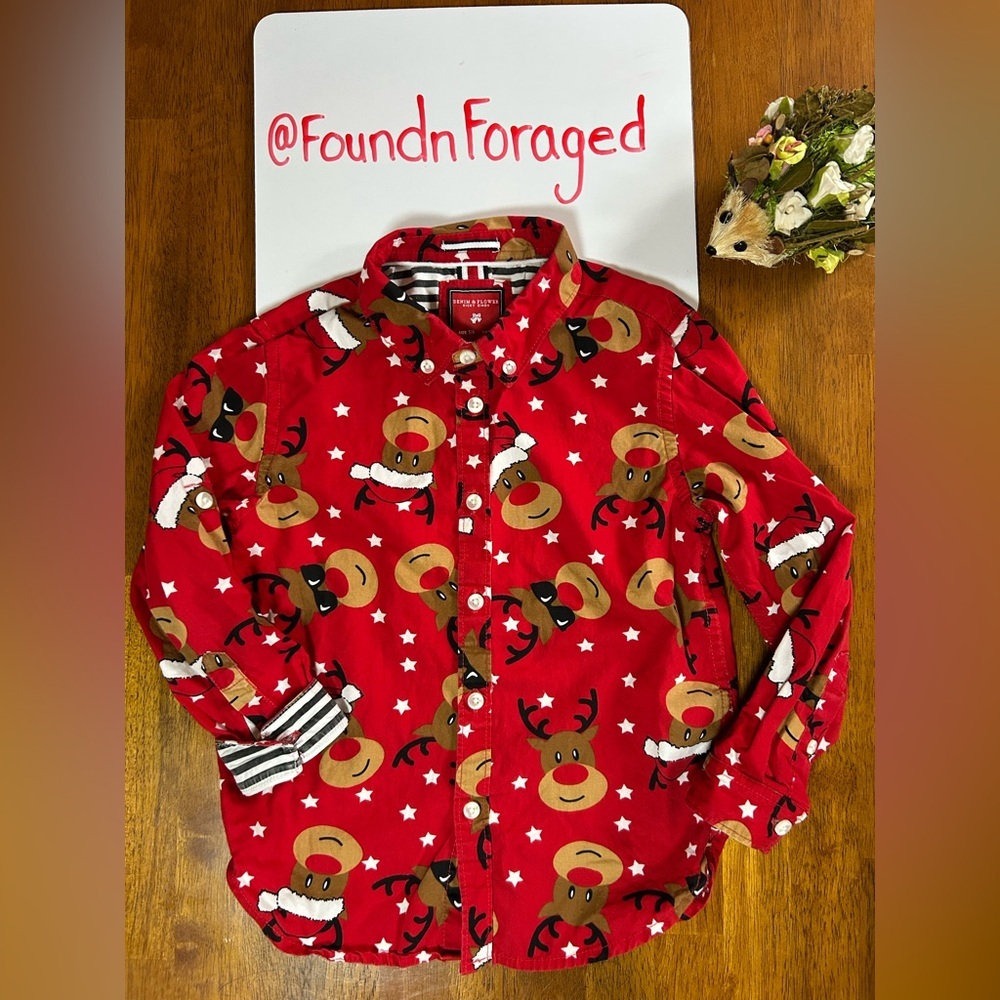 Red Reindeer Button-Up - 5/6 | Denim & Flowers | The Ultimate Kids Christmas Top